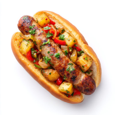 An appetizing grilled sausage nestled in a soft roll, topped with colorful sautの素材