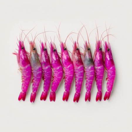 A striking arrangement of vibrant pink shrimp displayed on a light background, perfect for culinary presentations, food photography, and seafood recipes.の素材