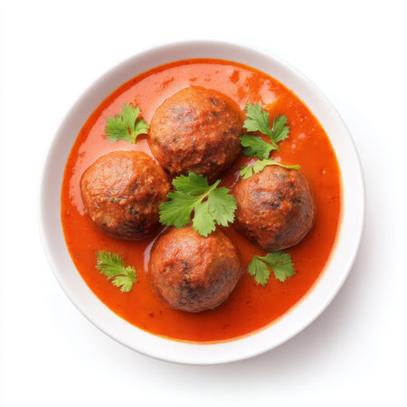 A vibrant plate featuring homemade spicy meatballs bathed in rich tomato sauce, beautifully garnished with fresh herbs, perfect for any meal.の素材