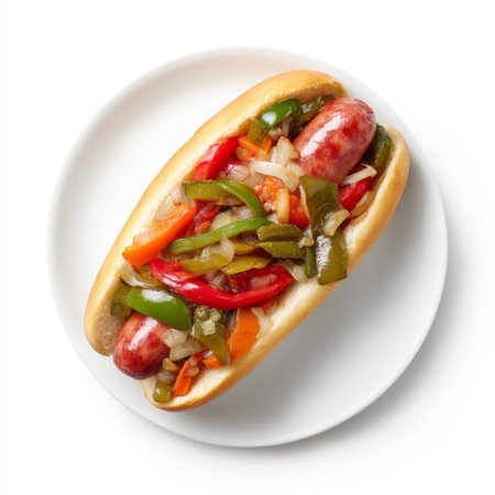 A beautifully arranged grilled hot dog topped with a medley of colorful peppers and onions, perfect for any meal or gathering. Enjoy the vibrant flavors!の素材