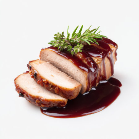 A beautifully arranged plate featuring sliced roast chicken breast drizzled with rich glaze and accented with fresh herbs, perfect for culinary presentations.の素材