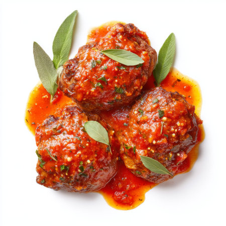 A close-up view of savory meatballs nestled in rich tomato sauce, garnished with fresh herbs. Perfect for culinary enthusiasts and food lovers.の素材