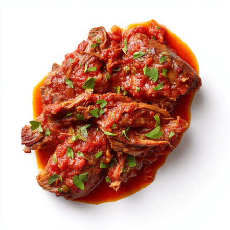 A tempting dish featuring slow-cooked beef immersed in a rich tomato sauce, garnished with fresh herbs for a delicious and flavorful experience.の素材