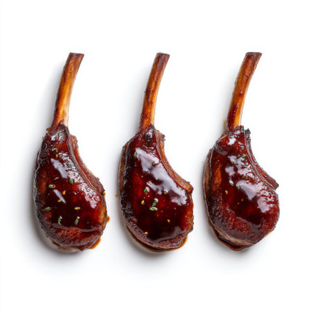 A stunning presentation of glazed lamb chops coated in rich barbecue sauce, perfect for gourmet dishes and culinary displays. Ideal for food photography.の素材