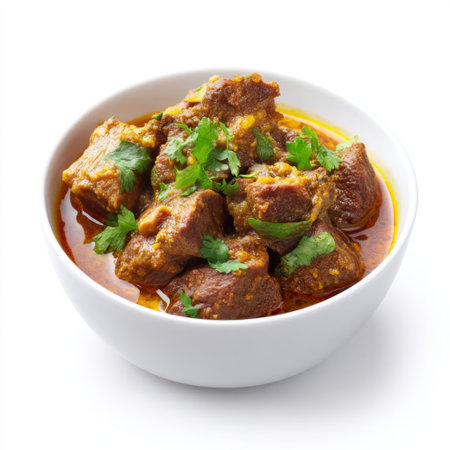 A vibrant bowl of beef curry featuring tender meat simmered in a rich sauce, garnished with fresh herbs, perfect for a comforting meal.の素材