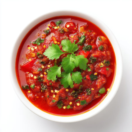 A vibrant bowl of fresh tomato sauce garnished with cilantro, showcasing rich colors and textures. Perfect for enhancing a variety of dishes.の素材