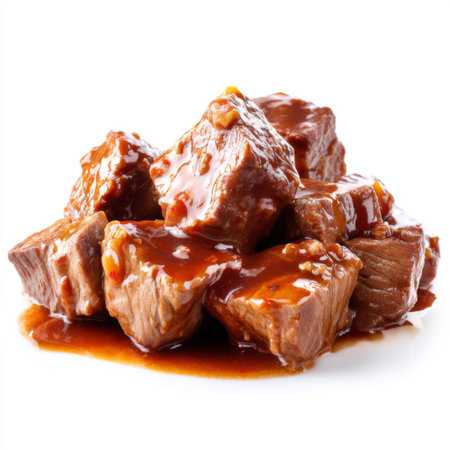 Enjoy a close-up of tender beef cubes coated in a glossy and flavorful sauce, perfect for enhancing culinary creations and meals.の素材