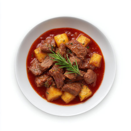 A beautifully presented bowl of beef stew featuring tender pieces of meat, hearty potatoes, and fresh herbs, perfect for a comforting meal experience.の素材