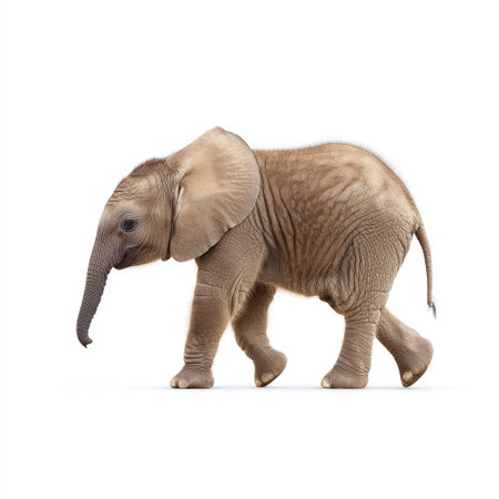 This charming image features a baby elephant walking gracefully, showcasing its playful spirit and curious nature in a serene setting.の素材
