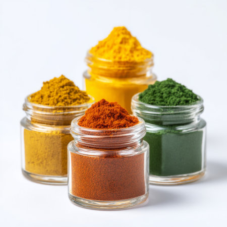 A beautiful arrangement of vibrant spices in glass jars showcases a variety of colors. Perfect for culinary inspiration, cooking creativity, and adding flavor to meals.の素材