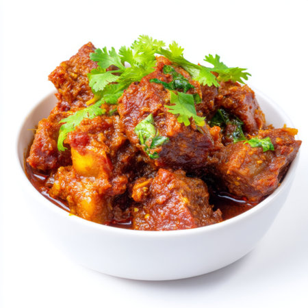A visually appealing spicy meat dish served in a white bowl, garnished with fresh herbs for an enticing and flavorful meal. Perfect for food lovers.の素材