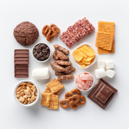 A visually appealing assortment of snacks including chocolate bars, cookies, nuts, pretzels, and candies arranged beautifully on a white background.の素材