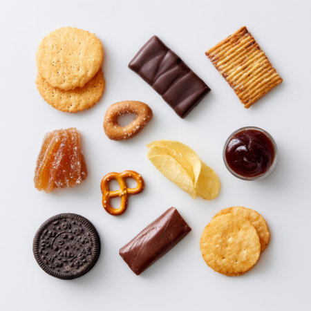 A delightful assortment of various snack foods displayed on a white background, featuring cookies, chocolates, and savory chips perfect for gatherings.の素材