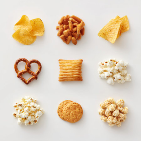 This image showcases a vibrant assortment of snack foods arranged neatly. Featuring chips, popcorn, pretzels, and cookies, it's perfect for casual events or gatherings.の素材