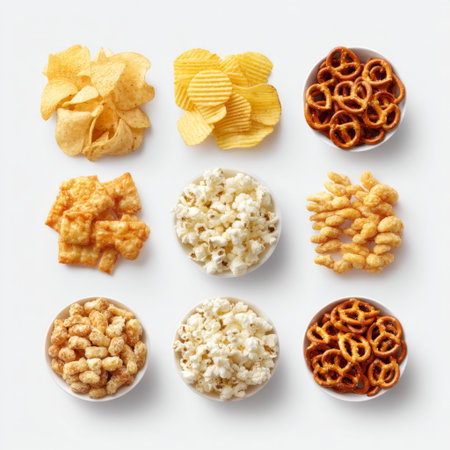 An appealing arrangement of various snack foods including chips, popcorn, and pretzels displayed in bowls, perfect for parties or casual gatherings.の素材