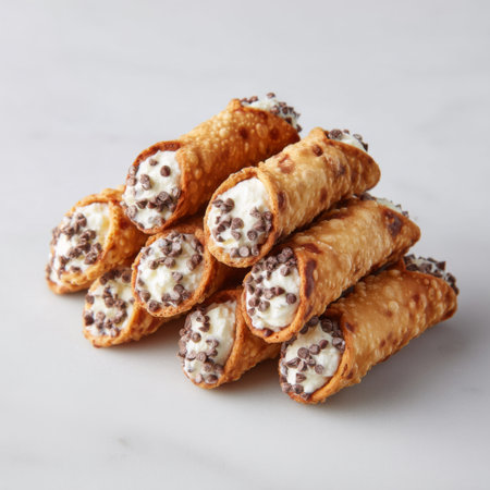 A tempting stack of delicious cannoli filled with creamy ricotta and dotted with chocolate chips, perfect for celebrations or as a sweet indulgence. Enjoy this classic Italian treat!の素材