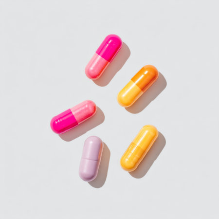 A vibrant arrangement of colorful capsules rests on a light, neutral background, creating an appealing visual representation of health and wellness.の素材