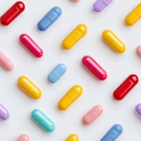 A vibrant composition featuring colorful capsules laid out artistically on a clean white surface. The bright arrangement highlights themes of health and wellness.の素材