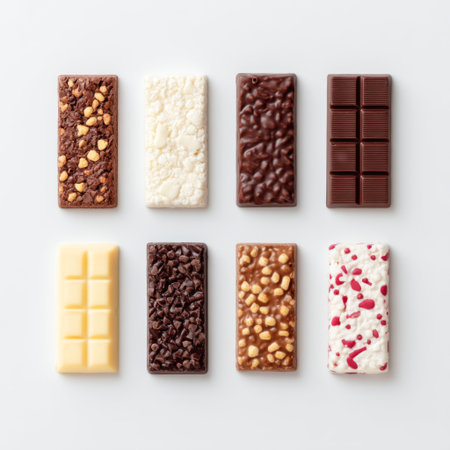 An enticing assortment of chocolate bars in various textures and flavors, showcasing the beauty of confectionery on a clean white surface. Perfect for dessert lovers!の素材