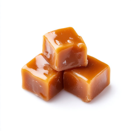 A close-up photo of smooth and glossy caramel cubes, perfect for adding sweetness to any dessert recipe. Ideal for food lovers and culinary enthusiasts.の素材