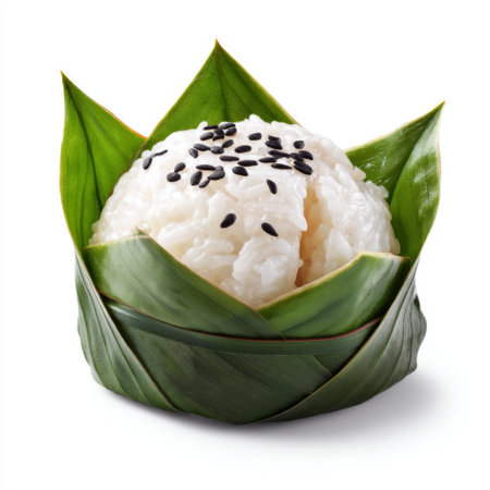 This captivating image features sticky rice delicately wrapped in bamboo leaves, topped with black sesame seeds, showcasing a blend of traditional and modern culinary art.の素材