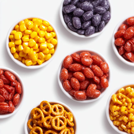 This vibrant image showcases an assortment of colorful snacks in white bowls, featuring candy, chocolate, popcorn, and nuts ideal for parties and gatherings.の素材