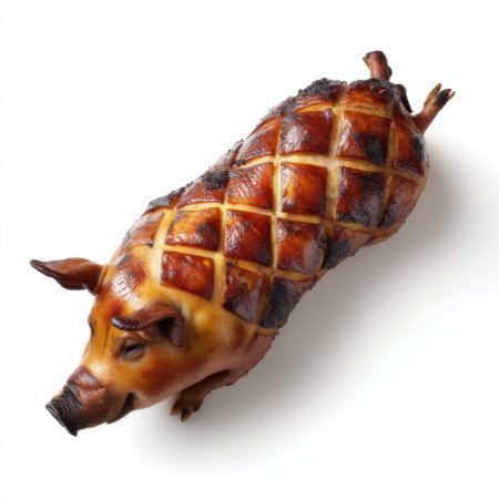 A beautifully presented roast piglet, showcasing crispy skin and succulent meat, perfect for culinary photography, food blogs, and recipe creation.の素材
