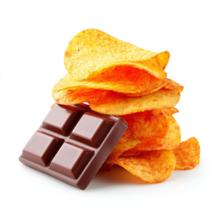 A creative composition featuring crispy potato chips layered with a rich chocolate bar, perfect for showcasing unique snack ideas and flavor contrasts.の素材