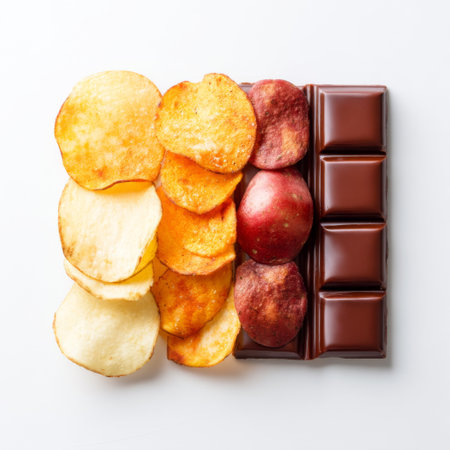 This image showcases a creative arrangement of crispy potato chips and chocolate on a clean white background, blending healthy and indulgent snack options.の素材
