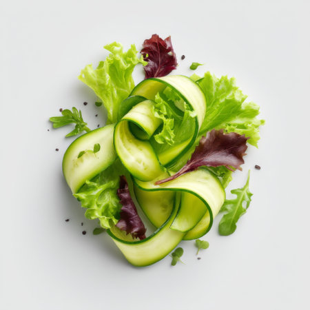 A vibrant arrangement of fresh greens including crisp cucumber slices, colorful lettuce, and microgreens on a light background, perfect for healthy meals.の素材