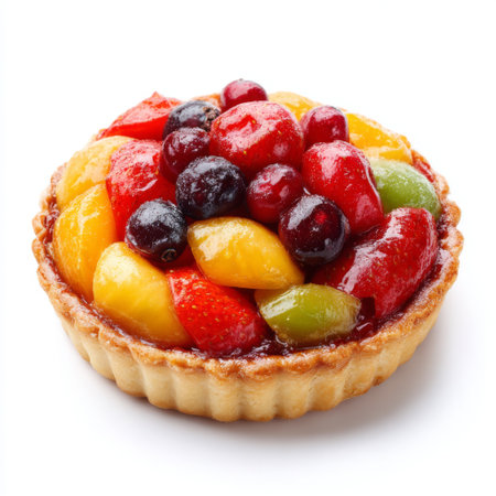 A vibrant fruit tart showcasing an array of fresh berries and fruits, presented in a golden crust. Perfect for dessert lovers and culinary enthusiasts.の素材
