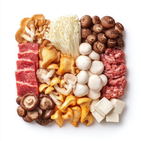 A vibrant and artistic square arrangement showcasing a variety of fresh mushrooms, meats, and tofu on a clean white background, ideal for culinary projects.の素材