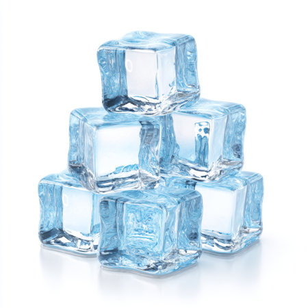 A visually appealing arrangement of clear ice cubes stacked on a smooth white surface, perfect for enhancing beverage presentations and summer vibes.の素材