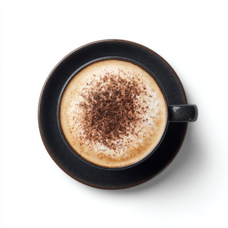A beautifully styled cappuccino features creamy foam and a sprinkle of chocolate dust, set in an elegant black ceramic cup against a white backdrop.の素材