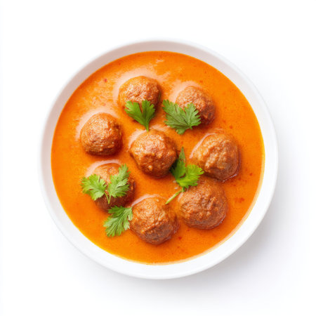 A vibrant bowl of spicy meatballs swimming in rich tomato sauce, garnished with fresh herbs. Ideal for food lovers and culinary adventurers!の素材