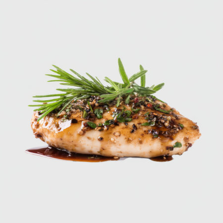 A succulent grilled chicken breast garnished with fresh herbs and spices, showcasing a flavorful marinade on a clean white background.の素材