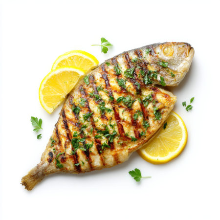 A beautifully grilled whole fish garnished with fresh herbs and lemon slices on a clean white background. Perfect for showcasing healthy and vibrant culinary dishes.の素材