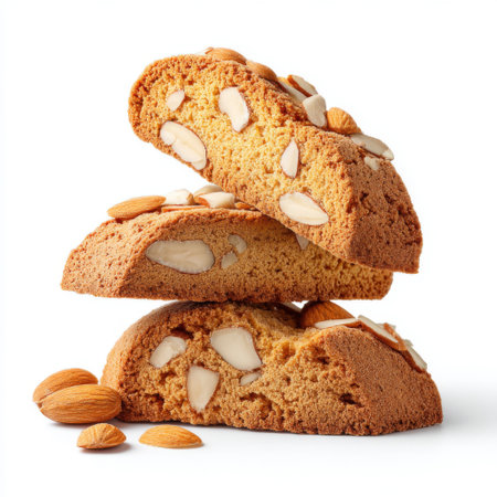 A tempting display of almond biscotti stacked elegantly on a white background, showcasing a crispy texture and rich flavor. Perfect for dessert or snacks!の素材