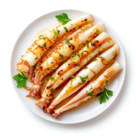 A beautiful plate of grilled squid garnished with fresh herbs, showcasing the vibrant colors and appealing presentation of this delicious seafood dish.の素材