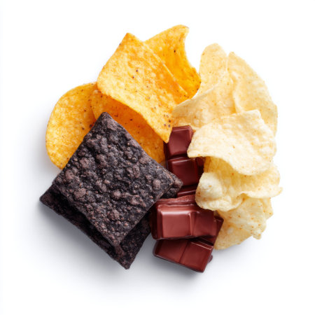 A vibrant assortment of savory chips in yellow and black colors mixed with rich chocolate, perfect for anyone seeking a delightful snack experience.の素材