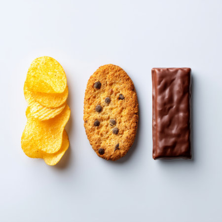 A visually appealing arrangement of snacks featuring crispy chips, a classic chocolate chip cookie, and a rich chocolate bar on a minimalist background, perfect for cravings.の素材