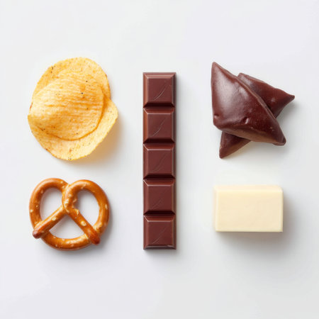 A delightful assortment of snacks including chocolate, pretzel, potato chip, and marshmallow arranged beautifully on a white background. Perfect for sharing.の素材