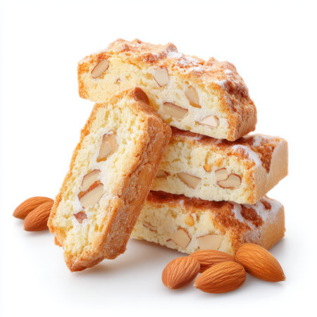 This image features three pieces of freshly baked almond biscotti neatly stacked, with whole almonds surrounding them. Perfect for snacks or desserts.の素材