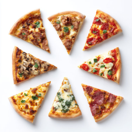 Vibrant assortment of pizza slices featuring various toppings like cheese, tomatoes, and herbs arranged in a circular design on a clean white backdrop.の素材