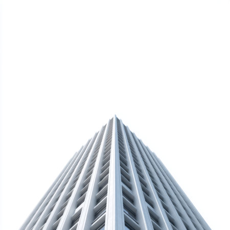 A striking perspective view of a tall modern building, showcasing its sleek lines and geometric structure against a clean sky. Ideal for design and architecture themes.の素材