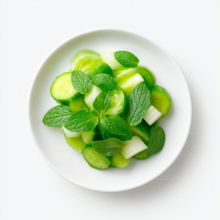 A vibrant image of freshly cut cucumber slices garnished with mint leaves, presented in a white bowl, perfect for healthy dishes and summer salads.の素材