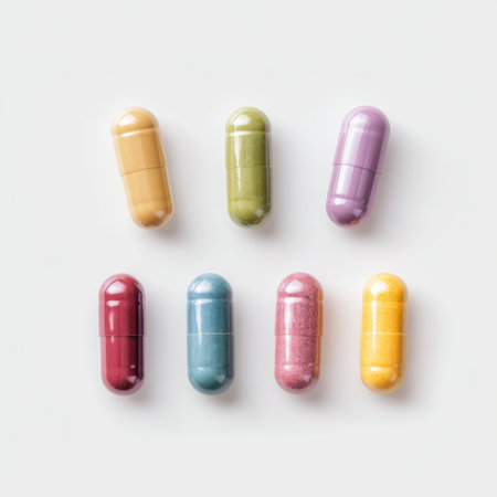 A vibrant arrangement of colorful capsules and tablets displayed on a light background, symbolizing health, wellness, and dietary supplements for various needs.の素材