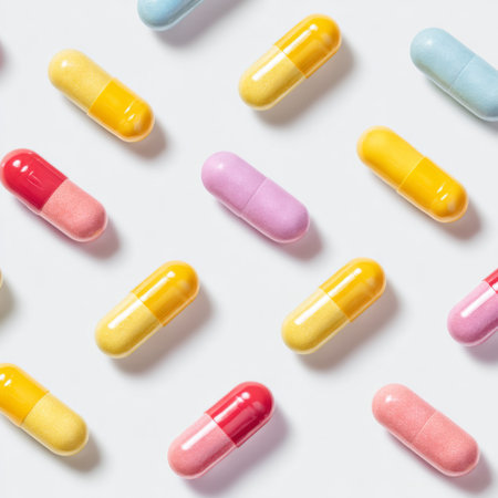 A vibrant assortment of colorful capsules and pills displayed on a pristine white background, ideal for health and wellness projects.の素材