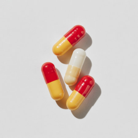 A collection of assorted colorful capsules against a clean white background, symbolizing health, wellness, and pharmaceutical advancements. Ideal for medical and health-related projects.の素材