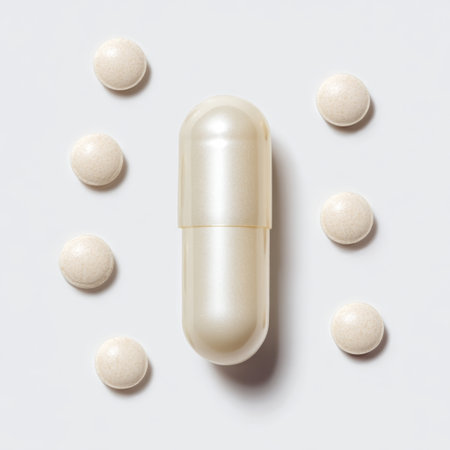 The image showcases a central capsule surrounded by smaller tablets, all against a clean white background. This composition represents health, wellness, and nutritional supplements, ideal for health-related contexts.の素材